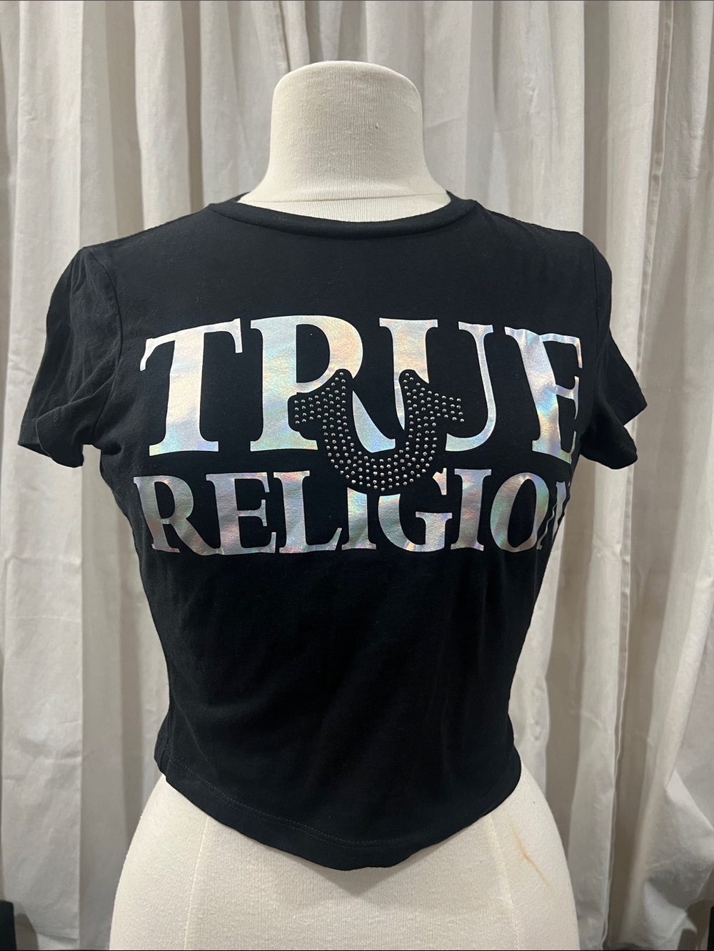True Religion Black Crop Top with Iridescent Logo
